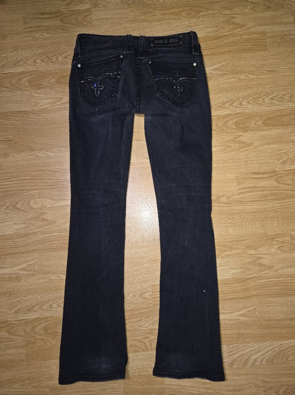 Rock Revival Dark Indigo Flare Jeans with Rhinestone Pocket Detail